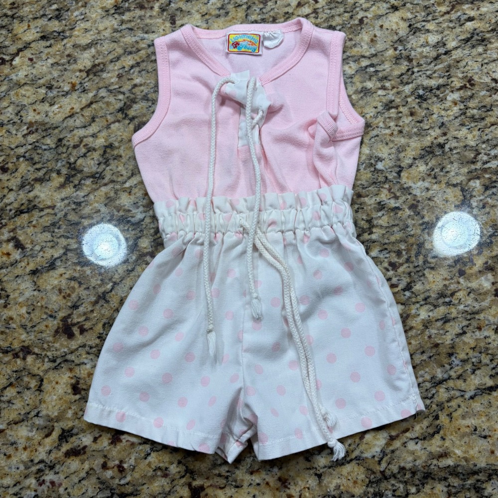 Vintage Lightning Bug Pink Polka Dot Romper Sleeveless Lace Up Shorts Toddler
